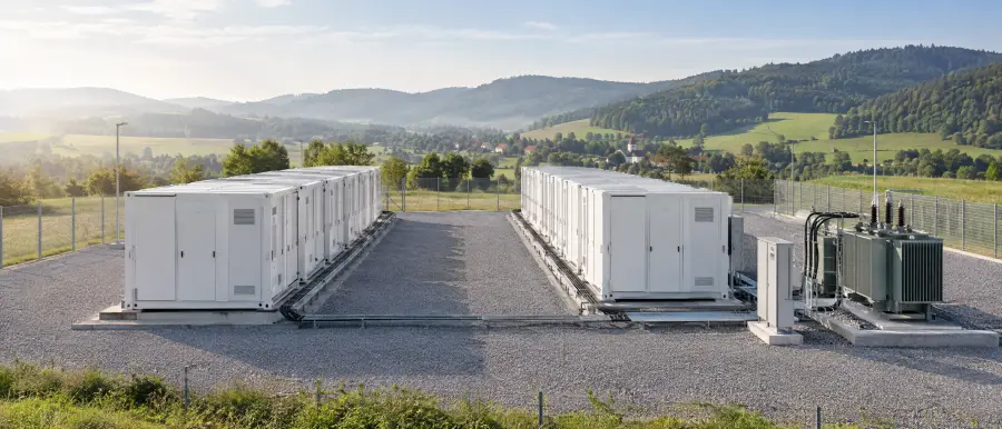 Areál bateriového úložiště s kontejnery a transformátorem