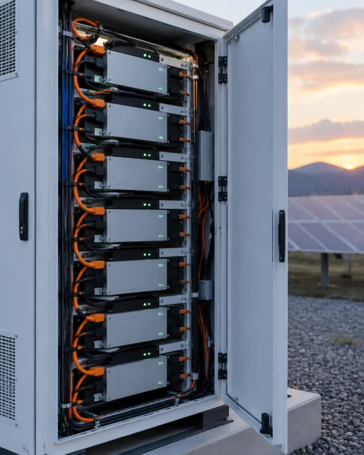 Otevřená skříň bateriového úložiště u fotovoltaické elektrárny