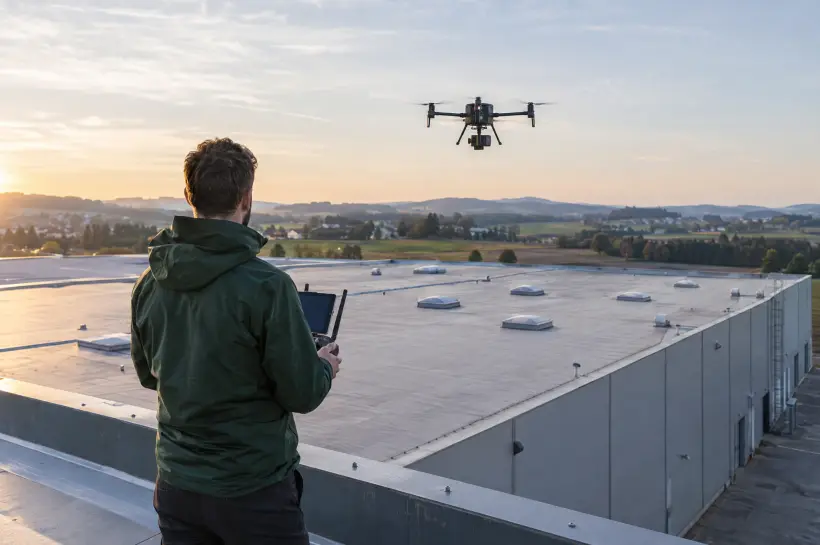 Un dron escanea la cubierta de una nave industrial, un técnico lo pilota desde la cubierta