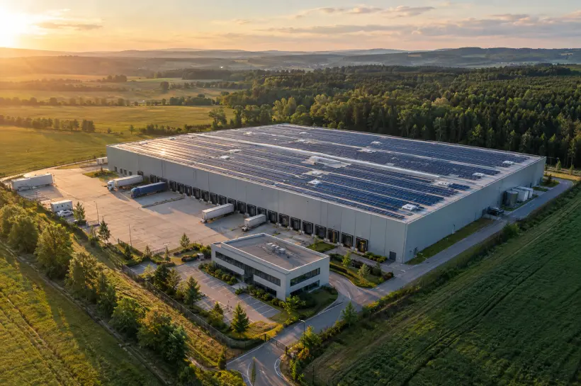Průmyslová hala se střechou pokrytou fotovoltaickými panely