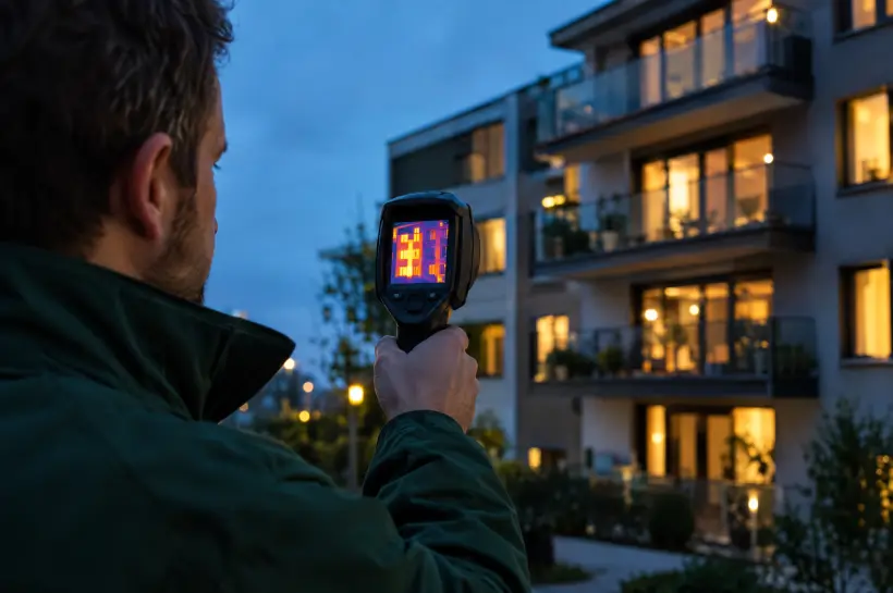 Energetický specialista měří fasádu bytového domu termokamerou