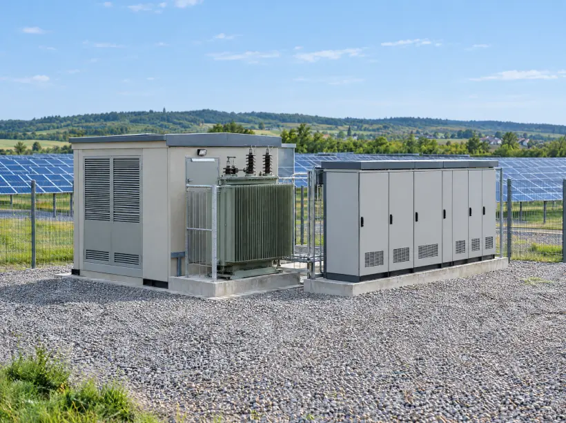 Centro de transformación compacto y cuadros eléctricos junto a una planta fotovoltaica